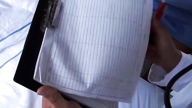 Big tit nurse in scrubs holding clipboard for doctor exam