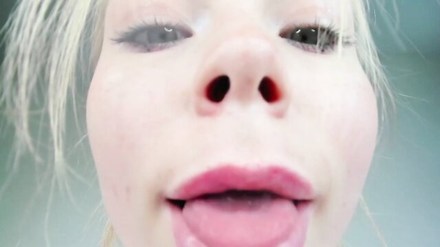 Deva Alice blonde slobber whore closeup, tongue out dripping spit