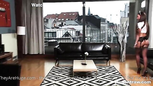 Busty French maid in lingerie shakes huge tits & ass