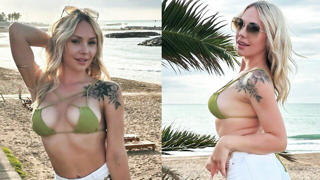 Hot blonde MILF in skimpy green bikini poses sexy on beach