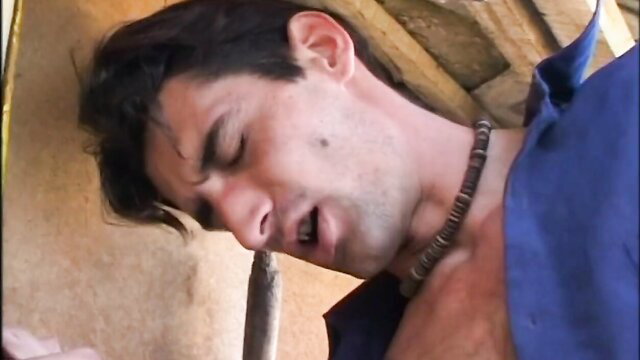 Hot Latino hunk in open shirt gets ass fucked by farmer's cock