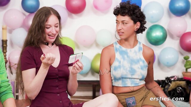 Hot curly-haired and brunette lesbians play sexy fetish game