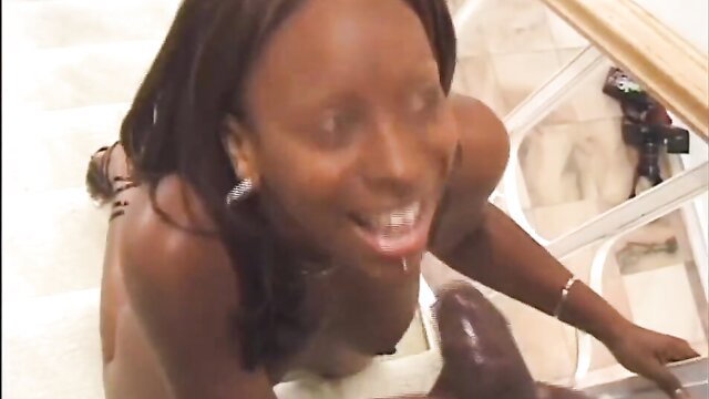 Ebony babe with huge natural tits deepthroats and fucks big cock cum in mouth