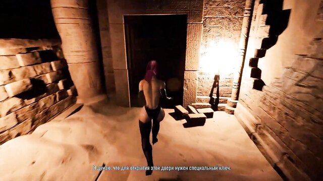 Nude purple-haired Lara Croft in ancient temple, walking away nude