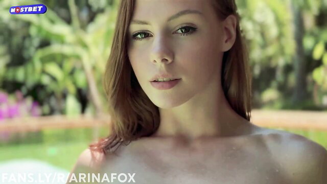 Nude Arina Fox by pool, ginger hair, slim body, paradise stepsisters