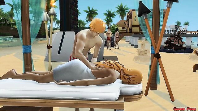 Bleach Ichigo beach massage turns to strong fuck with orange-haired beauty