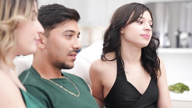 Aria Valencia in hot threesome with brunette & blonde, sexy dress