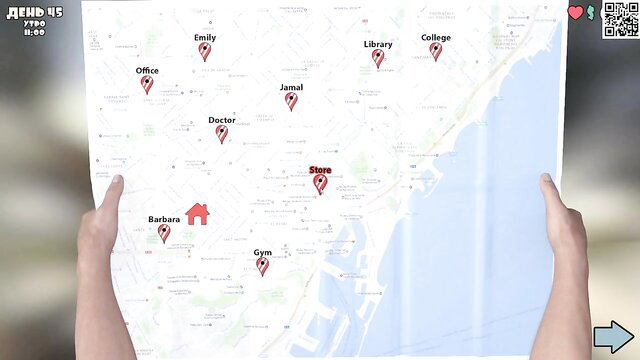 My Cute Roommate Part 11 gameplay map with pins at home, office, gym