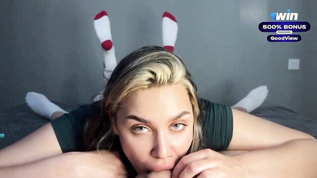 Blonde stepsister POV blowjob tease in socks, hot face closeup