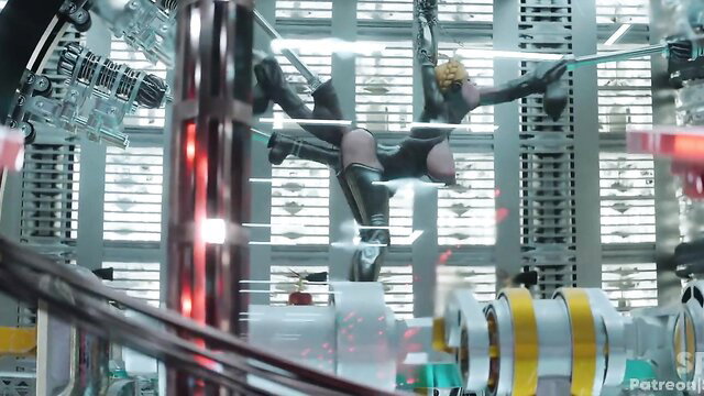 Blonde in latex catsuit fucked by ultimate fuckmachine in sci-fi factory