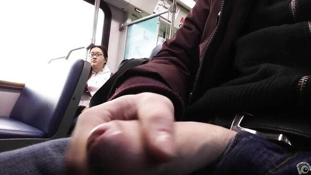 Exhibitionist wanks fat cock near chubby Chinese student on subway