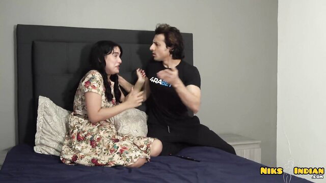 Indian teen Lovely Lo in floral dress with stepbro on bed
