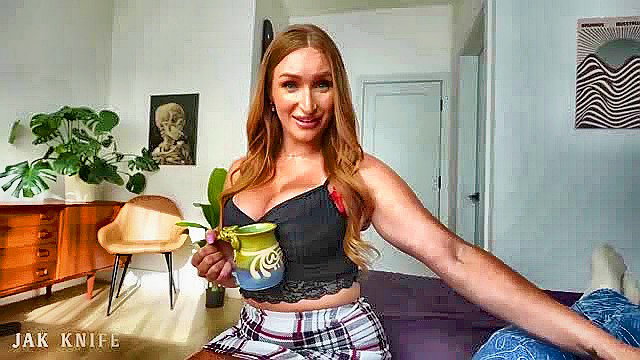 Skylar Snow busty redhead MILF in lace bra and plaid skirt