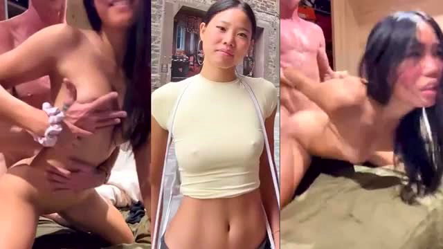 Sexy Asian girl in gangbang with old men, nude tits and blowjob