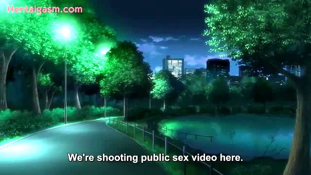 Anime hentai girls shooting public sex video in neon-lit park at night