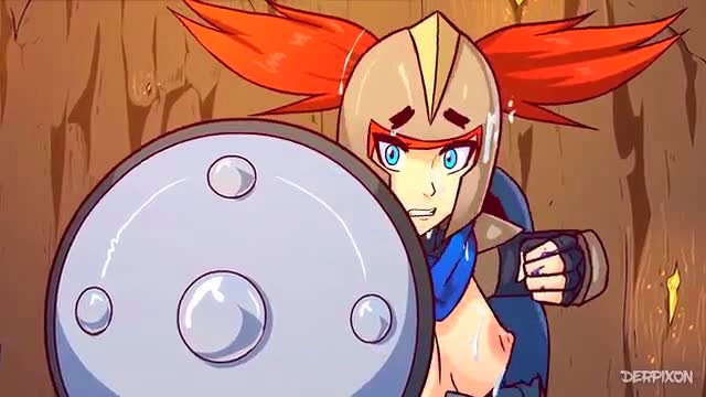 Redhead anime warrior girl with massive tits shielding nude body