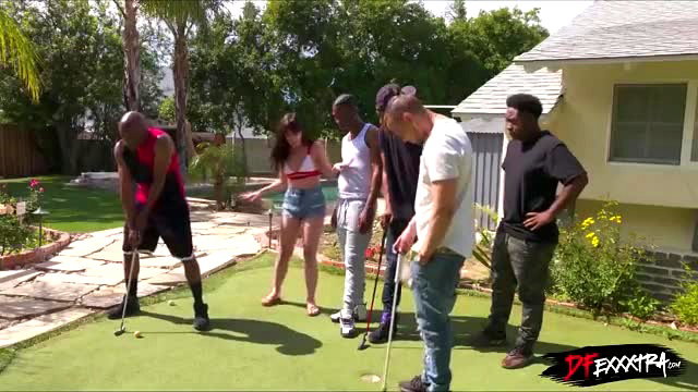 Whitney Wright minigolf gangbang with 6 black & white guys outdoors