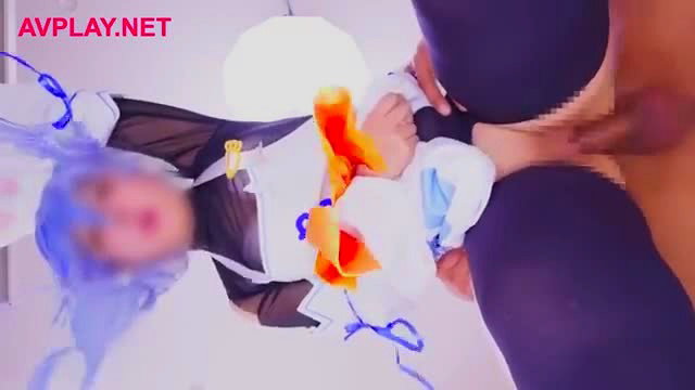 Blue-haired cosplay bunny girl in lingerie gives intense handjob POV