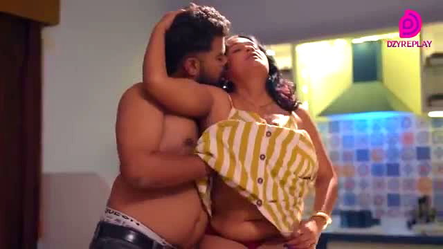 Indian couple hot kitchen foreplay, busty mature wife kissed by chubby hubby