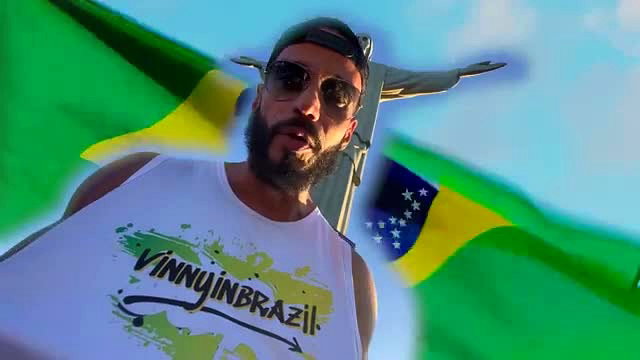Bearded Vinny In Brazil guy at Christ the Redeemer with Brazilian flag tank top