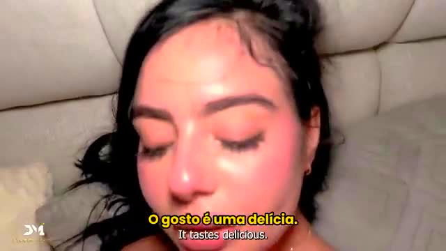 Hot Brazilian girl with full lips savoring cum, eyes closed in ecstasy