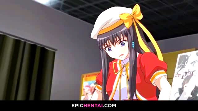 Cute anime hentai girl in red cosplay uniform and hat posing seductively