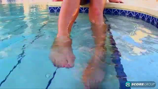 Juliana Jolene wet feet tease by pool, bare soles dripping
