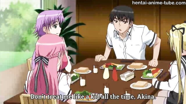 Purple and pink haired anime girls at table with guy, hentai waitress scene