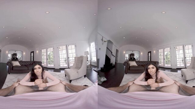 Violet Myers getting ready, busty Latina teasing in pink top on bed