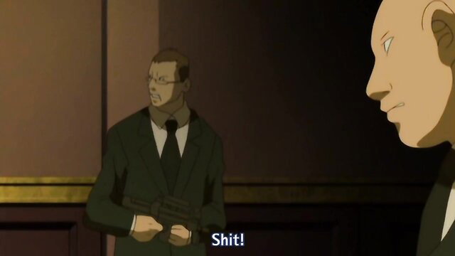 Two suited men in tense standoff, one holding gun, anime hentai scene