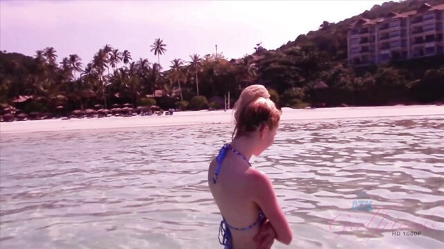 Kenzie Reeves in blue bikini at tropical beach, POV