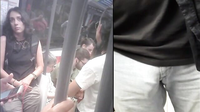 Crowded subway bulge flash on shocked brunette woman upskirt view