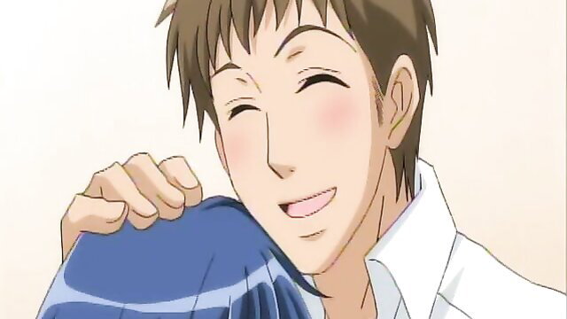 Anime guy smiling flirtatiously, embracing blue cloth in JAV hentai scene