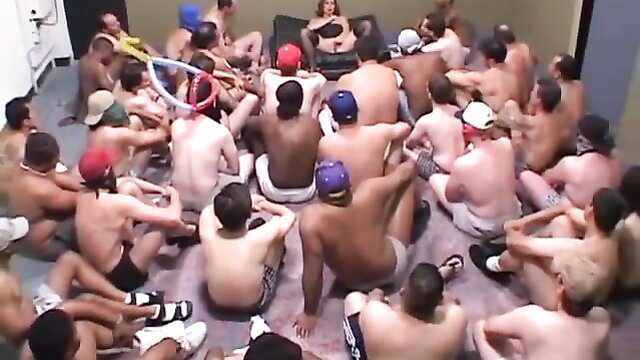 Julie Bukkake Legend Night: Woman surrounded by nude men in epic bukkake gangbang