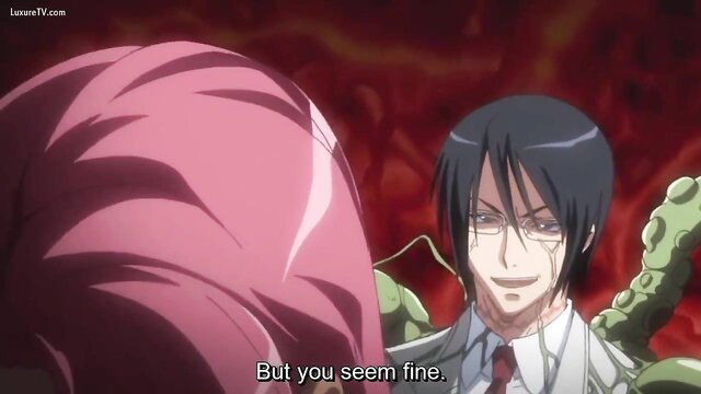 Hell Knight Ingrid hentai: tentacle monster groping pink-haired girl, suited man smirks