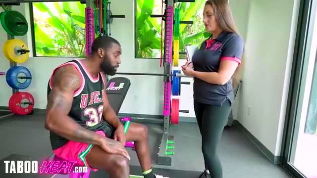 Melanie Hicks in tight gym outfit with black NBA player, taboo trainer heal