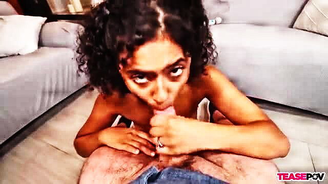 Stunning curly-haired ebony newbie gives sloppy POV blowjob