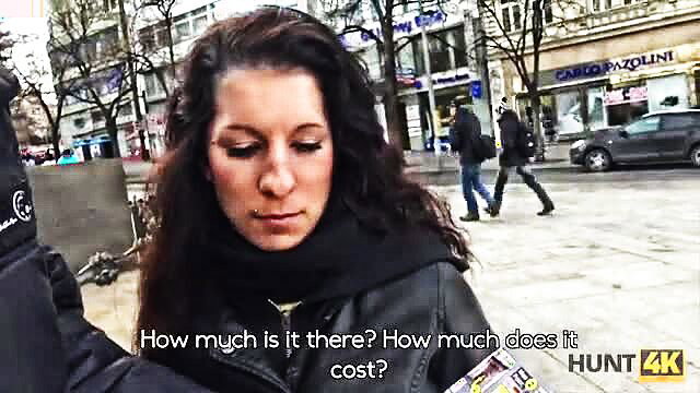 Pretty brunette in leather jacket asks street prices, Hunt4K pickup tease
