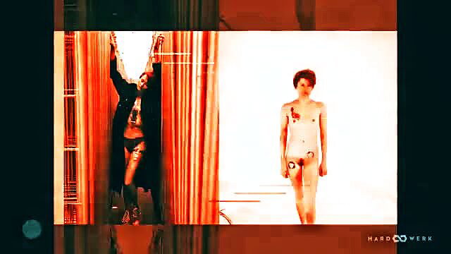 Bang Neen HardWerk duo: redhead nude male with cock, lingerie woman in coat