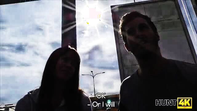 Teen girl and guy silhouetted outdoors, she says 'OK or I will HUNT4K'