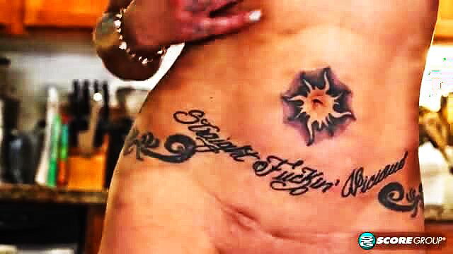 Kali Ryder's hot lower back tattoo, curvy hips in kitchen tease