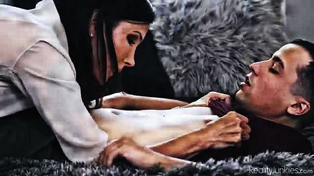 Hot MILF babe straddles hunk, grabs his hard cock closeup