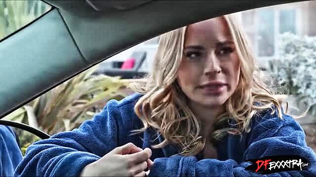 Anna Clair Clouds in blue robe, shocked expression in car