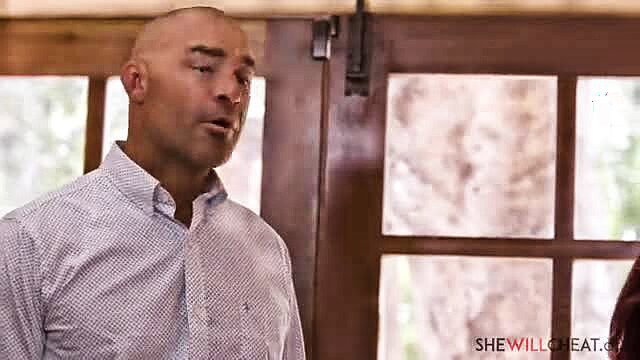 Bald hunk in shirt stares intently in Ella Knox affair scene