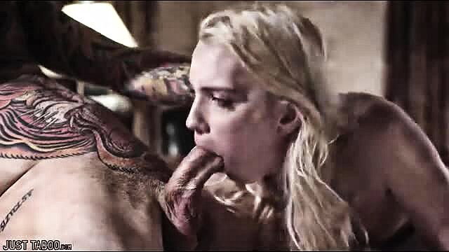 Blonde babe deepthroating huge cock in intense taboo blowjob