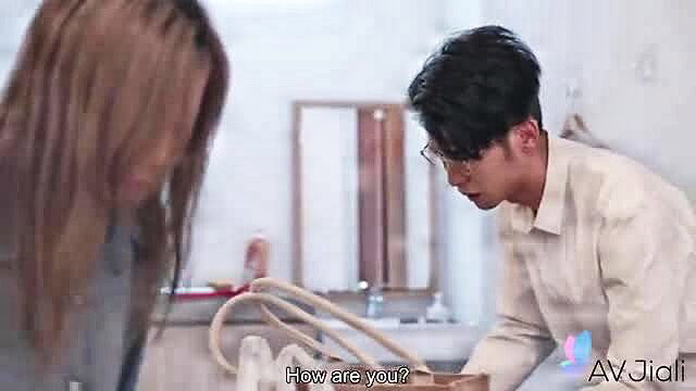 Lin Lin in kitchen with hot colleague, Asian JAV foreplay