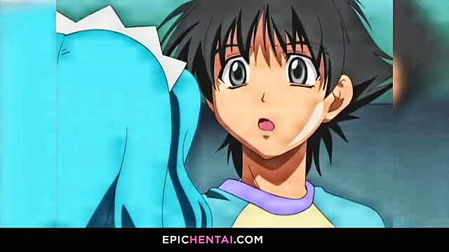Shocked black-haired hentai boy groped by blue monster girl