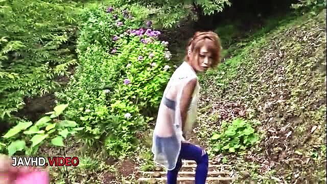 Mikuru Shiina seductive outdoor JAV tease in sheer top and tight jeans