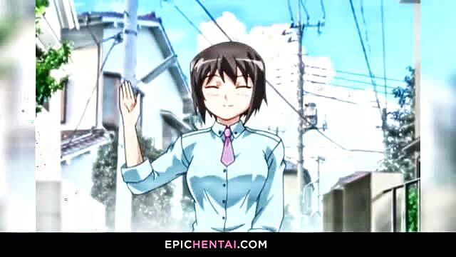 Smiling anime girl with brown hair waving in blue shirt outdoors