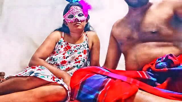 Masked Indian wife SamithU1024 in floral dress with shirtless hubby, amateur tease